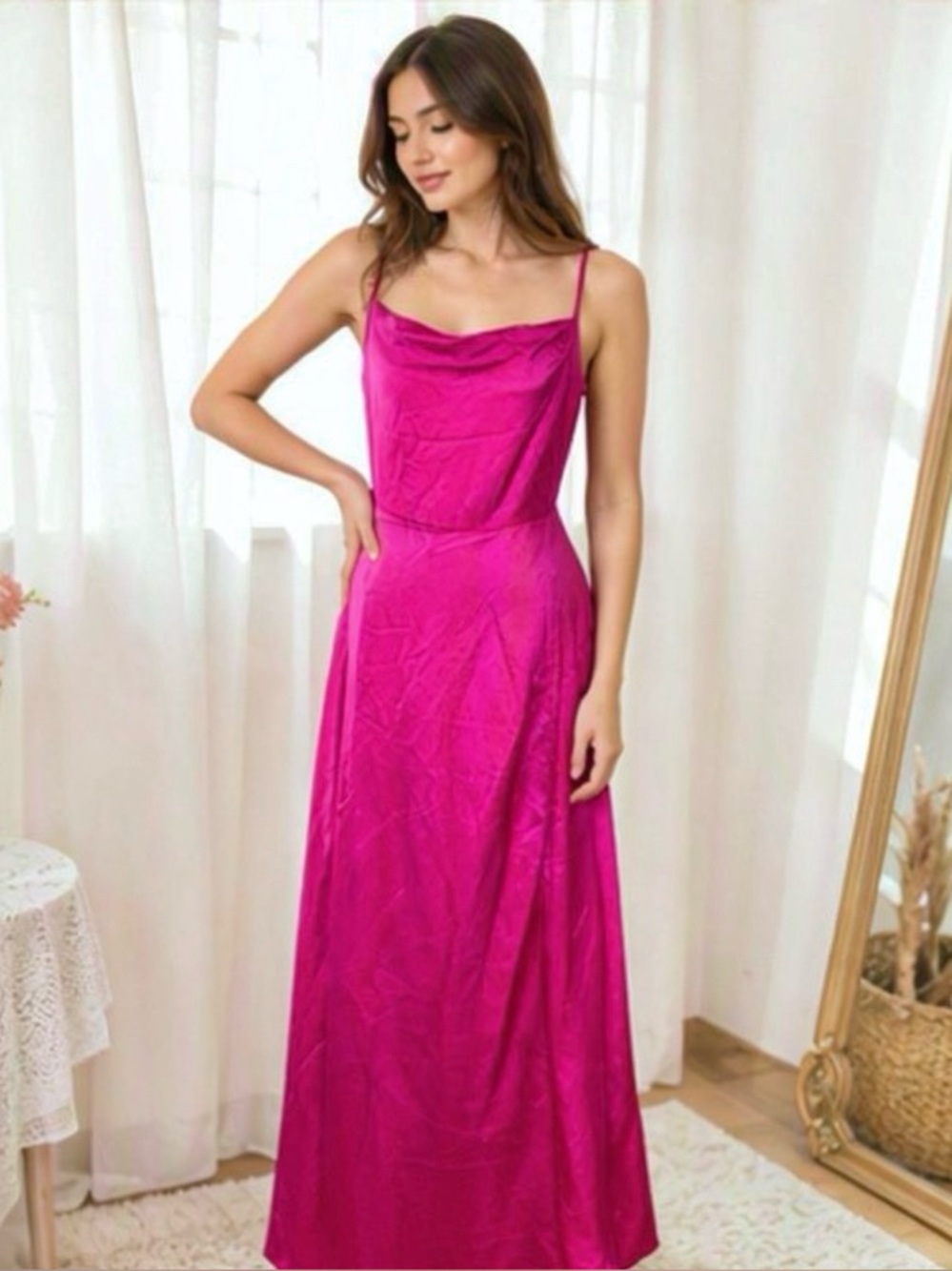 🌷 Fuchsia Rose Red Satin Maxi Dress 🌷